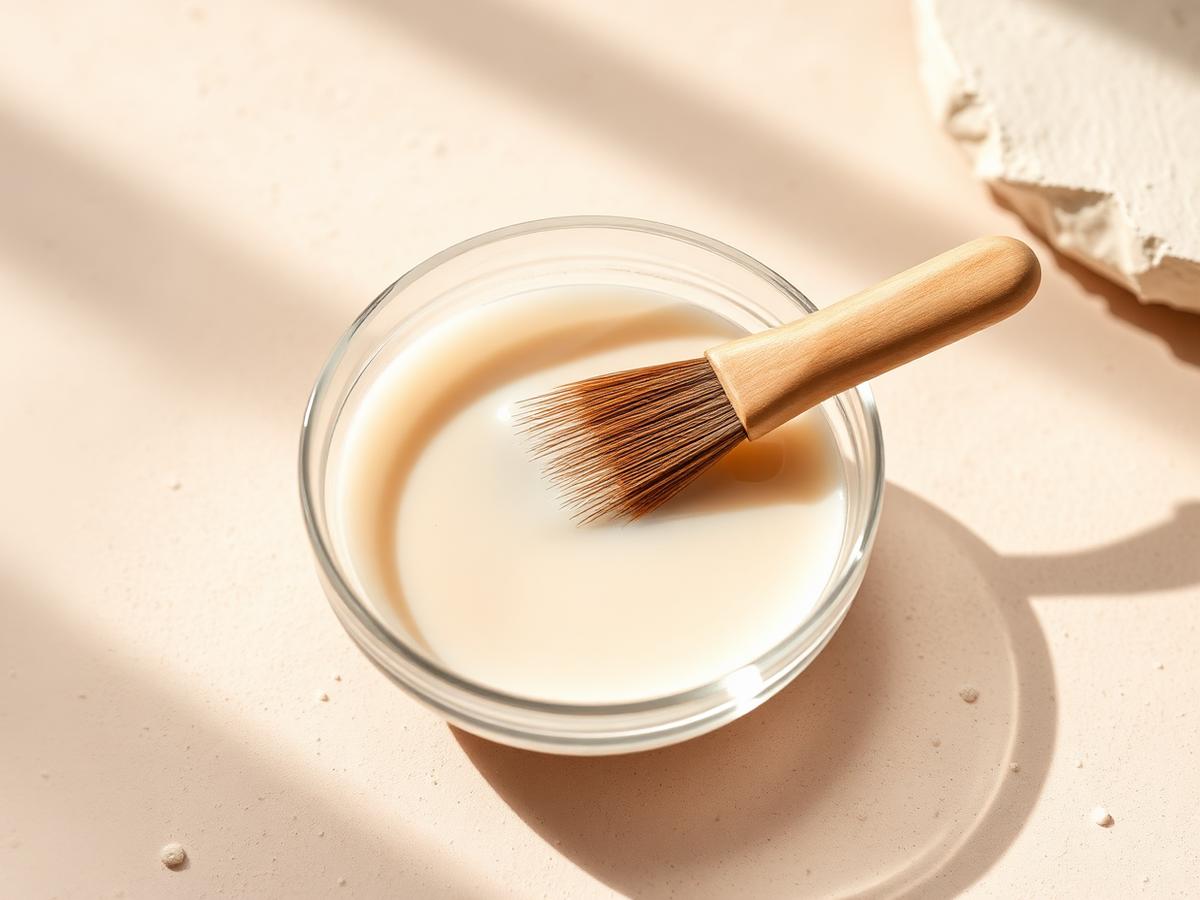 Shallow glass bowl of pale peel solution with a soft applicator brush